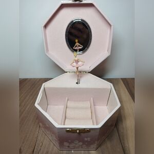 Pink Spinning Ballerina Jewelry Music Box. Octagon Shape w/ Mirror.
